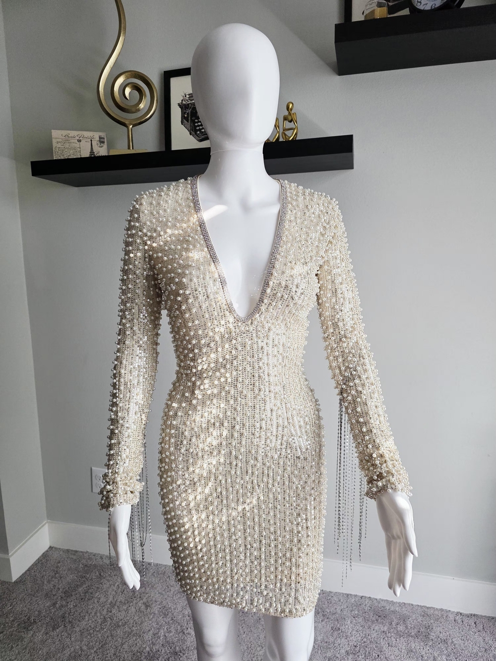 Fashion Nova Ivory Pearl-Embellished Deep V Long Sleeve Dress